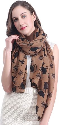 Lina & Lily Cat Print Womens Scarf Shawl Wrap Lightweight (Brown & Black)