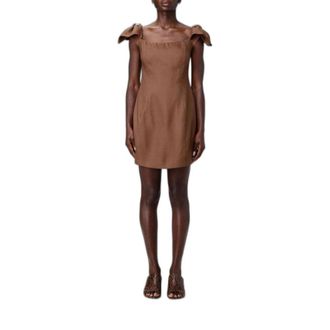 Elisabetta Franchi Vestido Mini de Cuello Cuadrado con Espalda Descubierta y Detalle de Lazo - Dresses - Mujer - Marr&oacute;n - L