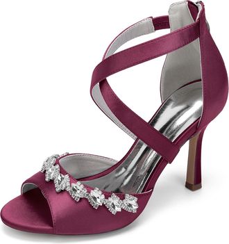 Generic Womens Rhinestone Satin Bridal Stiletto Sandals Dress Wedding Heel Formal Evening Shoes 9.5Cm,Burgundy,10 UK