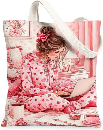 Generic Romantic Heart Print Canvas Tote Bags, Cute Love Pattern Reusable Shopping Bags, Spring Stylish Lightweight Washable Should, Peach, 13x15 Inch