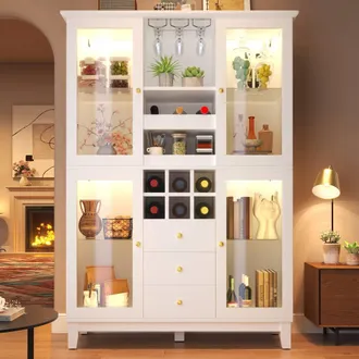 Merax Glass Display Cabinet withLED, 3 Drawers, Wine Rack & Glass Holders in White