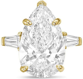 Diana M. Jewels 18kt yellow gold 6ct lab grown pear diamond ring with baguettes on the sides