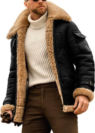 Generic MenS Vintage Suede Jacket Plush Collar Coats Faux Leather Jacket Men Zip Up Motorcycle Jacket Coats Retro Tops, Short-black, XXL