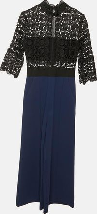 Self Portrait Black/navy Blue Lace & Crepe Jumpsuit