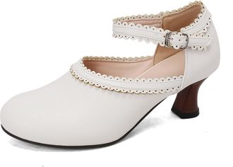 Generic Womens Scalloped Trim Ankle Strap Pumps Round Toe Mid Heels Closed Toe Shoes with Adjustable Buckle Closure PU Leather Upper Cutout Design Comfortable