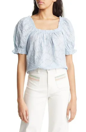 & Other Stories Puff Sleeve Cotton Eyelet Top in Light Blue Embroidery at Nordstrom, Size 10