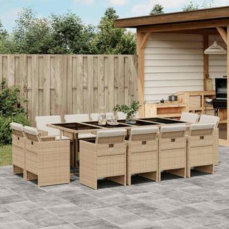 vidaXL Set Comedor De Jard&iacute;n Con Cojines 13 Pzas Rat&aacute;n Sint&eacute;tico Beige Vidaxl