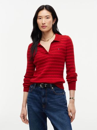 Tommy Hilfiger Womens Slim Fit Cable Knit Sweater Polo - Red Stripe - XXS