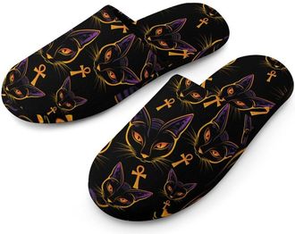 Generic Egyptian Cat Flannel Mens Slip-on Slippers Winter Warm House Shoes with Rubber Sole for Home Hotel