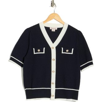 Nanette Lepore Preppy Pointelle Short Sleeve Sweater in Navy/Ivory at Nordstrom Rack, Size X-Large