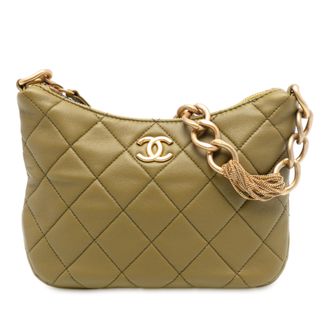 Chanel Pre-owned Womens Paris Dakar Quilted Lambskin Mixed Chain Hobo - Khaki Leather - One Size