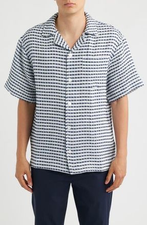CH&Eacute; Studios Riita Waffle Linen Camp Shirt in Blue at Nordstrom, Size Xx-Large