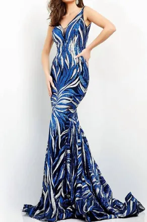 Jovani Long Sequin Gown In Navy/silver