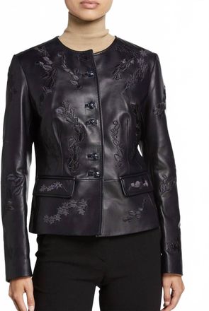 Escada Pre-Loved Embroidered Lambskin Leather Jacket In Navy