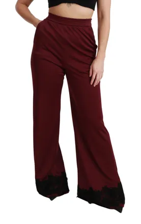 Dolce & Gabbana Black Lace High Waist Wide Leg Maroon Womens Pants