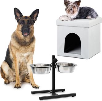 Relaxdays Set De 2 Piezas Home Sweet Hund Deluxe Xl, Casa Para Perros Blanca, Taburete Con Cueva, Comedero Doble