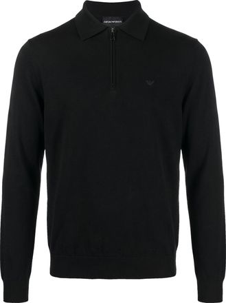 Emporio Armani Black Virgin Wool Half-Zip Knit Polo Shirt