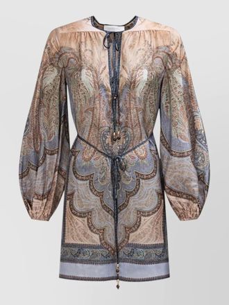 Zimmermann long sleeve v-neck paisley dress tie detail