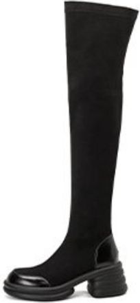 Generic Womens Over-The-Knee Suede PU Boots Round Toe Thick Layered Platform Block Heels Stretch Fit Side Detail Soft Lining Cushioned Insole Comfortable Wear