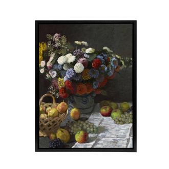 Artery8 Still Life with Flowers & Fruit Monet Vintage Framed Canvas Wall Art | Size: W24 x H32