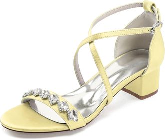 Generic Womens Peep Toe Chunky Ankle Strap Wedding Bridal Shoes Low Block Heels Sandals Crystal Wedding Dress Shoes 4.5Cm,Yellow,10 UK