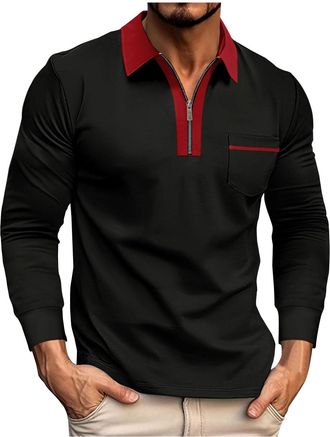 Generic Polo Shirts for Men 1/4 Zip Long Sleeve T-Shirt Classic Regular Fit Sports Golf T-Shirt Contrast Colour Casual Collared Gym Tops Breathable Lightweigh