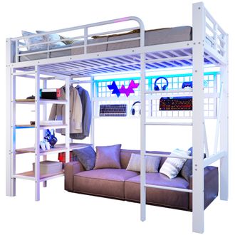 STILVORA Cama Alta 90 X 200 Cm Con Led Ajustable, Estante, Red De Almacenamiento Y Barra Para Ropa, Sin Colch&oacute;n, De Metal, Blanco