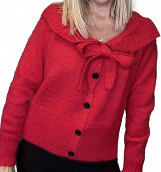 Papillon Cropped Bow Detail Cardigan In Red