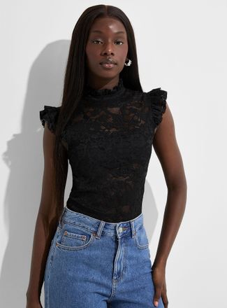 Icone Womens Stretch lace ruffled collar bodysuit