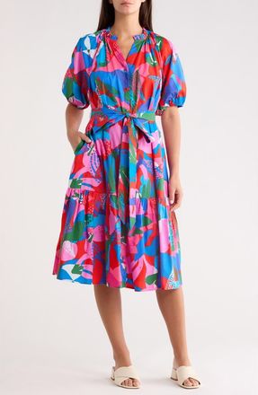 Sugarlips Exene Floral Wynette Tiered Cotton Midi Dress in Pink-Blue-Green at Nordstrom, Size 1 X