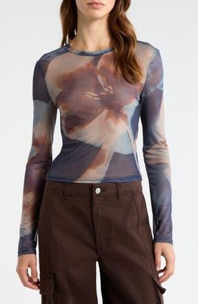 PacSun Orchid Print Long Sleeve Mesh T-Shirt in Blue/Brown Multi at Nordstrom Rack, Size Xx-Small