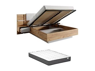 Vente-Unique Canapé abatible y mesitas de noche 160 x 200 cm - Con LEDs - Color: Natural y blanco + Colchón - ELYNIA