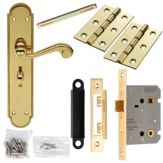 Loops Door Handle & Bathroom Lock Pack Brass Victorian Scroll Lever Turn Backplate in Metallics