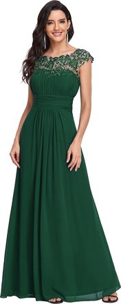 Ever-pretty Bridesmaid Dresses Womens Lacey Neckline Open Back Ruched Style Autumn Dresses Dark Green 24UK