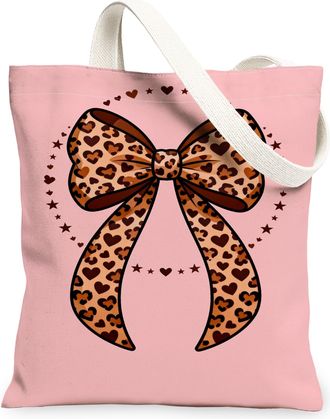 Generic Leopard Bow Canvas Tote Bags, Stylish Heart Pattern Reusable Grocery Bags, Summer Chic Lightweight Washable Shoulder Strap, Peach, 13x15 Inch
