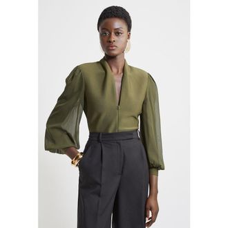 Karen Millen Zip Detail Chiffon Sleeve Knit Top in Olive at Nordstrom, Size X-Small