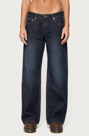 Edikted Raelynn Washed Low Rise Wide Leg Jeans in Dark-Blue-Washed at Nordstrom, Size X-Small