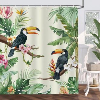 OEM Cortina De Ducha Tropical Con Tuc&aacute;n, P&aacute;jaros Y Hojas - Tejido De Poli&eacute;ster, Resistente Al Moho, Impermeable, Lavable - Crezuo