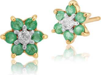 Gemondo Floral Round Emerald & Diamond 6 Stone Cluster Stud Earrings in 9ct Yellow Gold