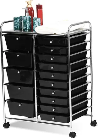 Costway Carrito Auxiliar Almacenamiento Con 15 Cajones Apilables Y Ruedas Estructura Met&aacute;lica, Carro Organizador Para Cocina Restauranter Negro - Costway