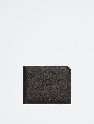 Calvin Klein Mens Saffiano Leather Card Case Bifold Wallet - Brown