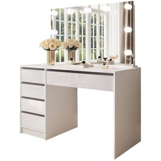 Dmora Scrivania Lusiana, Modulabile, 4 Cassetti, Fori Passacavi, 120x55x143h cm Bianco Bianco Lucido