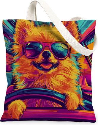 Generic Pomeranian Dog Canvas Tote Bag for Shopping 13x15, Pop Aesthetic Funky Puppy Reusable Grocery Print Pattern Bag for Women, Cool Pet Beach Aesthetic Pa