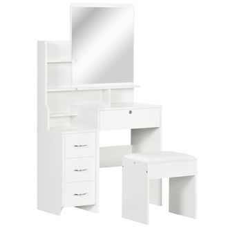 HOMCOM Tocador De Maquillaje Con Taburete Y Espejo Mesa De Maquillaje Con 4 Cajones 4 Compartimientos De Almacenamiento Estilo Moderno 80x38x143 Cm - Homcom