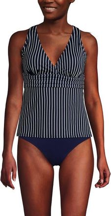 Lands End Plus Size V-Neck Plunge X Back Tankini Top in Navy/egret White Stripe at Nordstrom, Size X-Large