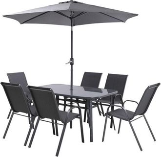 Essenciel Green Conjunto De Exterior Essenciel Green Sormiou En Acero Y Textilene Negro Para 6 Personas 1 Mesa, 1 Parasol Y 6 Sillas