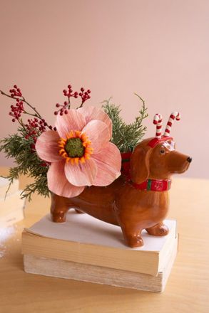 Kalalou Ceramic Christmas Dachshund Planter - Candy Cane