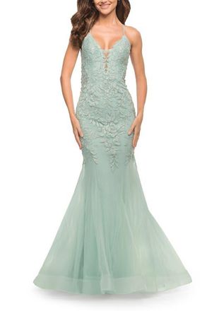 La Femme Mermaid Tulle and Lace Jeweled Prom Dress in Sage at Nordstrom, Size 10