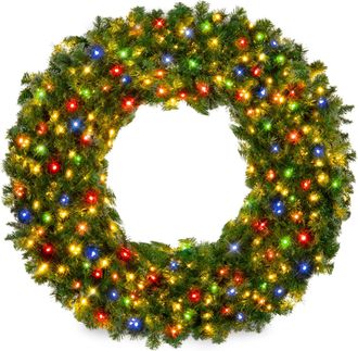 Best Choice Products Artificial Pre-Lit Fir Christmas Wreath Decoration w/ Multicolor Lights, Tips
