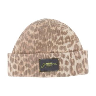 Ganni Womens A6658-943 Graphic Leopard Wool Beanie Brown